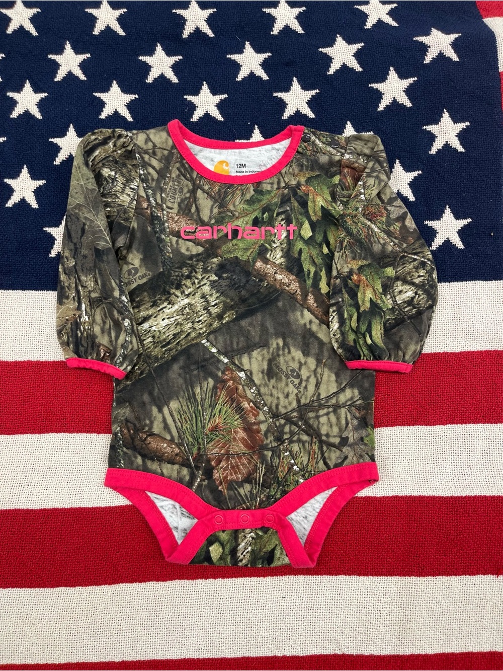 Carhartt Green Camo Baby One-Piece with Pink Trim Girls Size 12 Months